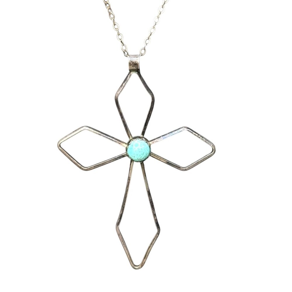 Vintage Larage Sterling Silver Cross Necklace Turquoise Centerpiece 2.5" Pendant